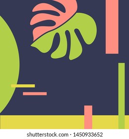 Abstract vector pattern with geometric shapes and tropical leaves in Memphis style. For postcards, invitations, posters and more. Place for text