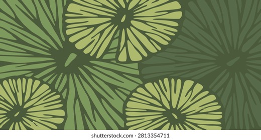 Abstract vector pattern of green water lily pads background, top view seamless lotus leaf illustration.