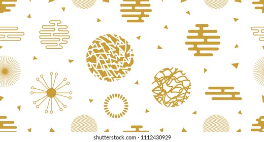 Abstract vector pattern with grunge circles and different geometric elements. Golden print with Chinese motifs on white background.