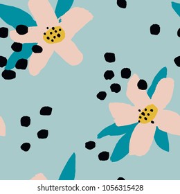 Abstract vector pattern with hand drawn Flowers and dots. Floral seamless texture.