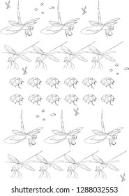 Abstract vector pattern with hand drawn insects. Black and white.