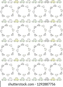 Abstract vector pattern with hand drawn toy cars. Yellow, green, grey and white.
