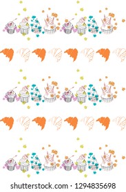 Abstract vector pattern with hand drawn croissants and cupcakes.