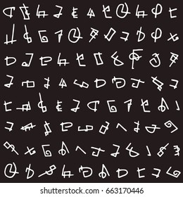 Abstract vector pattern. Hand drawn geometric shapes seamless background. White marks on black background. 