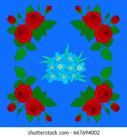 Abstract vector pattern with hand drawn floral elements. Silk scarf with rose flowers and green leaves on a blue background. Autumn colors. Retro textile design collection. 1950s-1960s motifs.