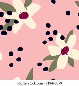 Abstract vector pattern with hand drawn Flowers and dots. Floral seamless texture.