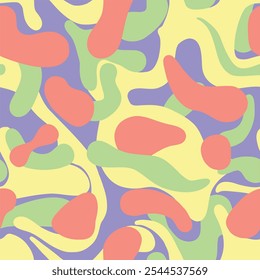 Abstract vector pattern, layered organic shapes, pastel colors. Illustration in warm tones of pink, yellow, orange, violet, olive green. Illustration for textile, wallpaper, wrapping paper