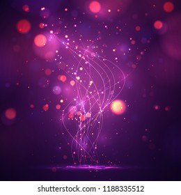 abstract vector pattern of lines and dots, glowing, bright particles