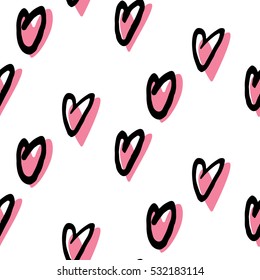 Abstract vector pattern. Modern style with hand drawn lines and vector pink hearts. Best pattern for st.valentine days and couple holidays