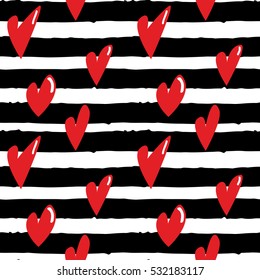 Abstract vector pattern. Modern style with hand drawn lines and vector red hearts. Best pattern for st.valentine days and couple holidays