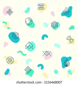 Abstract Vector pattern on the theme of geometric, diamond, octagon, triangle, circle, hexagon, cross, cube, and more. simple color icons on beige background.