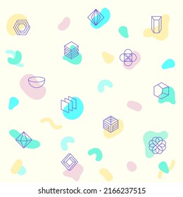 Abstract Vector pattern on the theme of 3D Shapes, geometric, octagon, Triangle, circle, hexagon, abstract, cube and more. simple color icons on beige background.