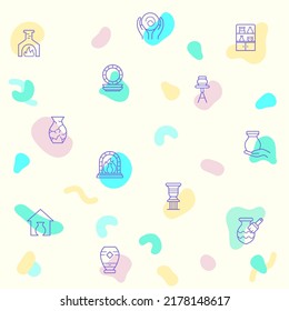 Abstract Vector pattern on the theme of Pottery, Bowl, Plate, fireplace, ceramics, vase, clay, mug and more. simple color icons on beige background.