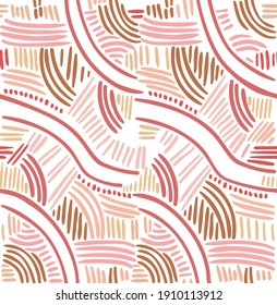Abstract vector pattern with pastel-colored curved lines, painted in raspberry, terracotta, brown and pink colors. Suit for background on website, wallpapers, art prints, postcards and textiles.