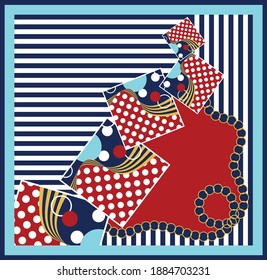 Abstract vector pattern with polka dots and striped background. Vector patch for print, fabric, scarf design.