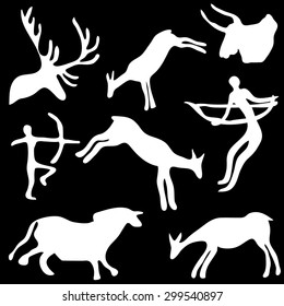 Abstract vector pattern. Prehistoric era collection. Cave art stylized hunting paintings. White on black. Backgrounds & textures shop.