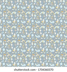 Abstract vector pattern with random geometrical hand drawn elements in chambray, amber, and light apricot colours