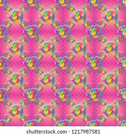 Abstract vector pattern of repeating and alternating constituent elements. Fishes in violet, beige and pink colors. Seamless pattern with fishes. Decorative ornament. Vector illustration.