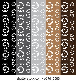 Abstract vector pattern with repeating circular elements on the grey, brown and black background variations. To be used either as multicolor background or one of the few in the set.