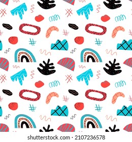 Abstract vector pattern with Scandinavian-style graphic elements on a white background. Children's pattern for fabrics, clothing, packaging.