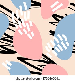 Abstract vector pattern with scribble shapes in doodle style in pastel trendy colors as a template for textile or web headers and banners or flyers. Seamless texture.