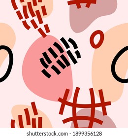 Abstract vector pattern with scribble shapes in doodle style in pastel trendy colors as a template for textile or web headers and banners or flyers. Seamless texture.