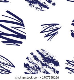 Abstract vector pattern with scribble shapes in doodle style in dark blue monochrome color as a template for textile or web headers and banners or flyers. Seamless texture.