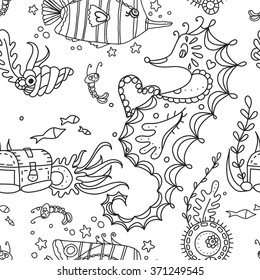 Abstract vector pattern with seahorse, shell, tropical fish seaweed and cute shrimp. Black and white marine texture of sea world. For wallpaper. Doodle hand drawing style. Perfect for adults coloring 