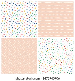 Abstract vector pattern set. Collection of festive seamless background with confetti, dots and sprinkles.