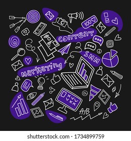 Abstract vector pattern - SMM - Social Media Marketing. Web marketing content doodle vector illustration: computer, charts, diagrams, messages, likes.