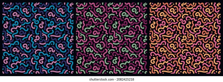 Abstract vector pattern in the style of 80-90 years. Seamless pattern of colored curls on a black background.