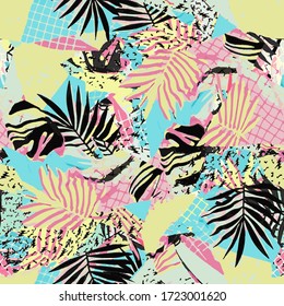 Abstract vector pattern suitable for printing children's prints on textiles, fabrics, clothes, boys, girls.Geometric pattern with tropical leaves monstera retro style. Jungle ornament. Memphis.