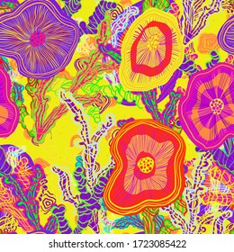 Abstract vector pattern suitable for printing children's prints on textiles, fabrics, clothes, boys, girls. Bright psychedelic ornament coral reefs with flowers. Reef in the ocean blooms. Underwater