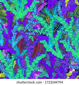 Abstract vector pattern suitable for printing children's prints on textiles, fabrics, clothes, boys, girls. Bright psychedelic ornament coral reefs with flowers. Reef in the ocean blooms. Underwater