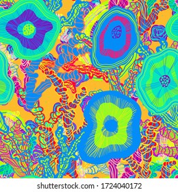 Abstract vector pattern suitable for printing children's prints on textiles, fabrics, clothes, boys, girls. Bright psychedelic ornament coral reefs with flowers. Reef in the ocean blooms. Underwater