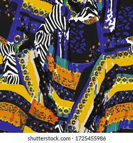 Abstract vector pattern suitable for printing children's prints on textiles, fabrics, clothes, boys, girls. olorful geometric tile background. Spotted, leopard, zebra collage.