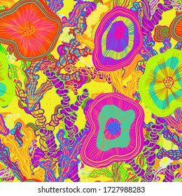 Abstract vector pattern suitable for printing children's prints on textiles, fabrics, clothes, boys, girls. Bright psychedelic ornament coral reefs with flowers. Reef in the ocean blooms. Underwater