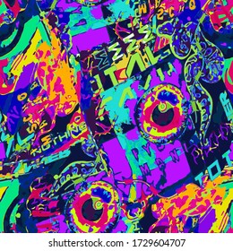 Abstract vector pattern suitable for printing children's prints on textiles, fabrics, clothes, boys, girls. Psychedelic neon ornament. Fantastic seamless ornament with a snake, eye, calligraphy, text.