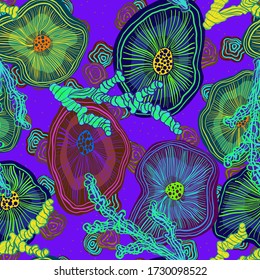 Abstract vector pattern suitable for printing children's prints on textiles, fabrics, clothes, boys, girls. Bright psychedelic ornament coral reefs with flowers. Reef in the ocean blooms. Underwater