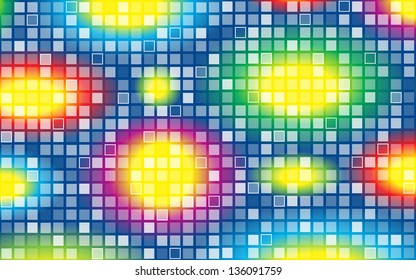 abstract vector pattern with symmetrical squares and colorful lighting effects isolated on blue background