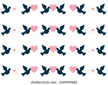 abstract vector pattern for Valentine's Day with birds and hearts on a white background