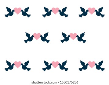 abstract vector pattern for Valentine's Day with birds and hearts on a white background