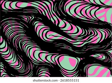 Abstract vector pattern with wavy, organic lines in black, pink, and green. The design features psychedelic, fluid shapes, creating a vibrant and dynamic visual effect.