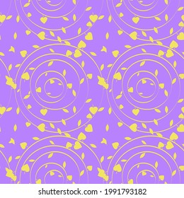 abstract vector pattern with yellow circles and leaves on a lilac background