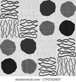 Abstract vector pattern with zigzag lines, texture and circles with rough edges. Creative wrapping, textile, fabric, surface or print design.
