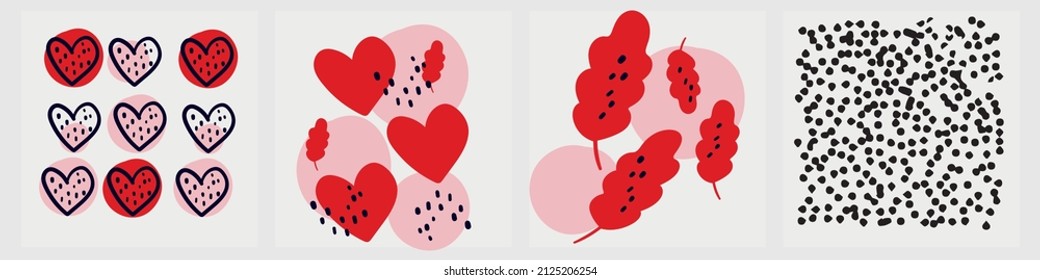 Abstract vector patterns with leaf and heart. Trendy hand drawn textures with red and pink colors. Modern design for,paper, cover, fabric and other users