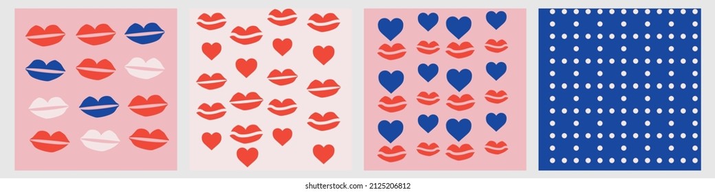 Abstract vector patterns with lips. Trendy hand drawn textures with blue, pink, red colors. Modern design for,paper, cover, fabric and other users