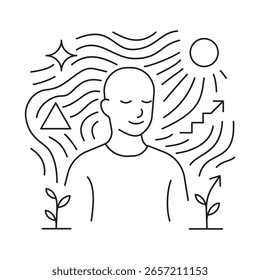 Vector Abstractas de una persona pacífica rodeada de símbolos de crecimiento y energía. Concepto de atención plena, desarrollo personal, salud mental, crecimiento espiritual.
