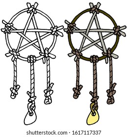 Abstract vector pentagram sign. Dream catcher from branches with blue feathers and beads. Black line and color drawing. Stock illustration. Coloring book for adults.