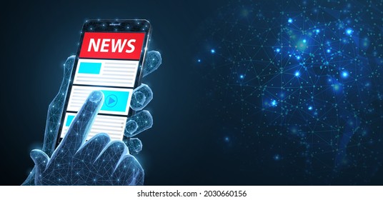 Abstract vector phone in man hand with World News. Background, mockup. Online daily news, newspaper app, global media, press web publication concept